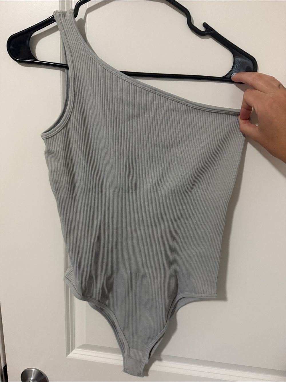 One-Shoulder Ribbed Bodysuit - Light Gray